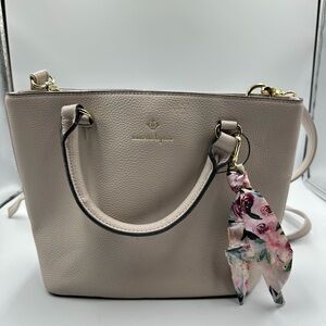 Nanette Lepore Pearl Gray Top Handle Pebble Vegan Leather Handbag Floral Accent